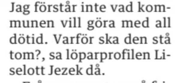 Skärmdump av text från lokaltidningsartikel med citat av "löparprofilen Liselott Jezek".