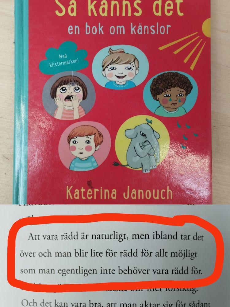 Foto 1:  Framsidan av boken Så känns det – en bok om känslor med text av Katerina Janouch. Foto 2: Sida från samma bok med följande citat: "Att vara rädd är naturligt, men ibland tar det över och man blir lite för rädd för allt möjligt som man egentligen inte behöver vara rädd för."
