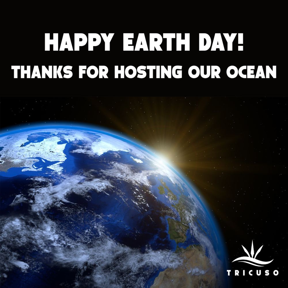 The Sun rising from behind Planet Earth, seen from space, with the caption "Happy Earth Day! Thanks for hosting our ocean"