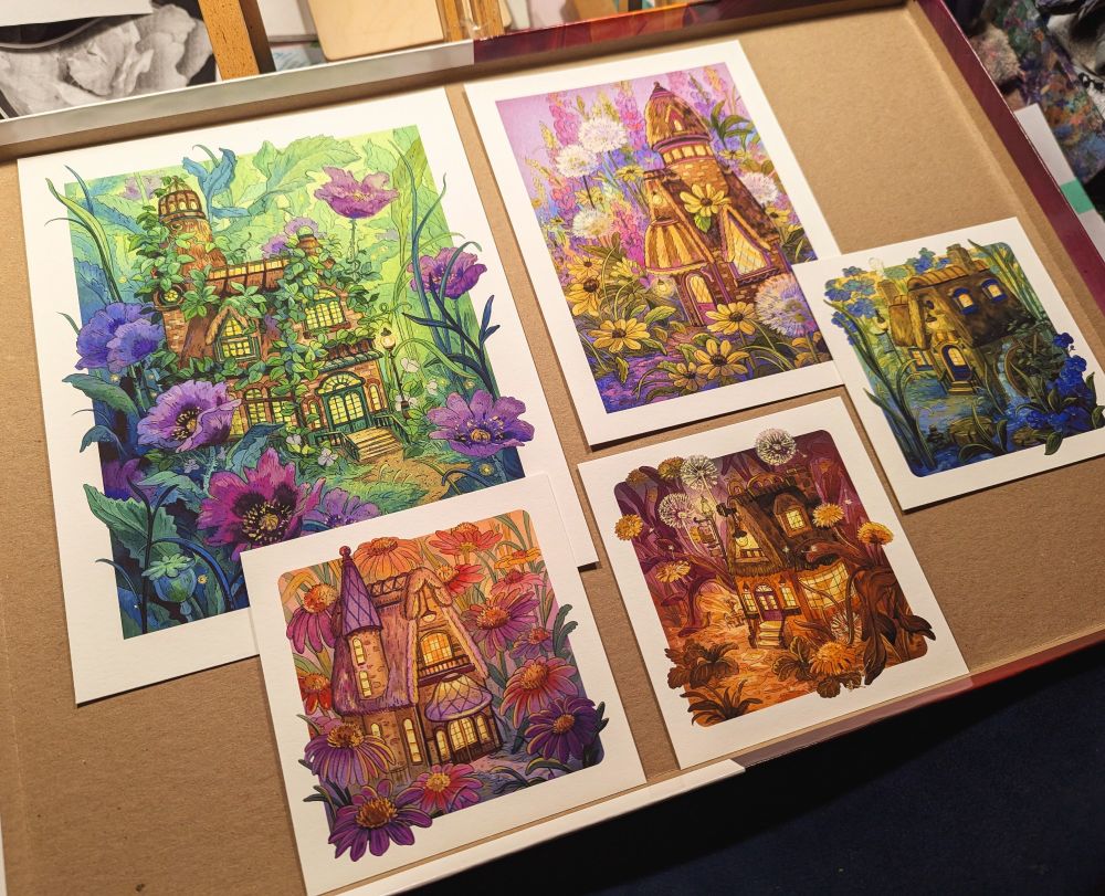 View of cottage prints on the proofing table ready to be signed and shipped off 