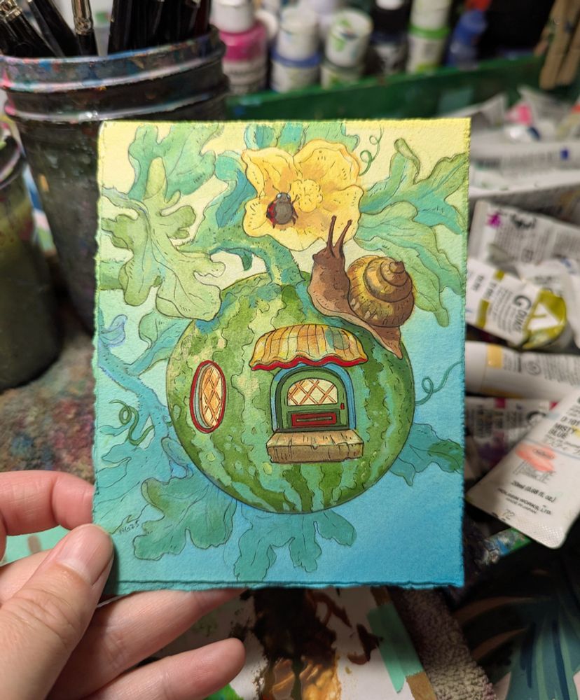 Snail and ladybug outside a watermelon house (painting)