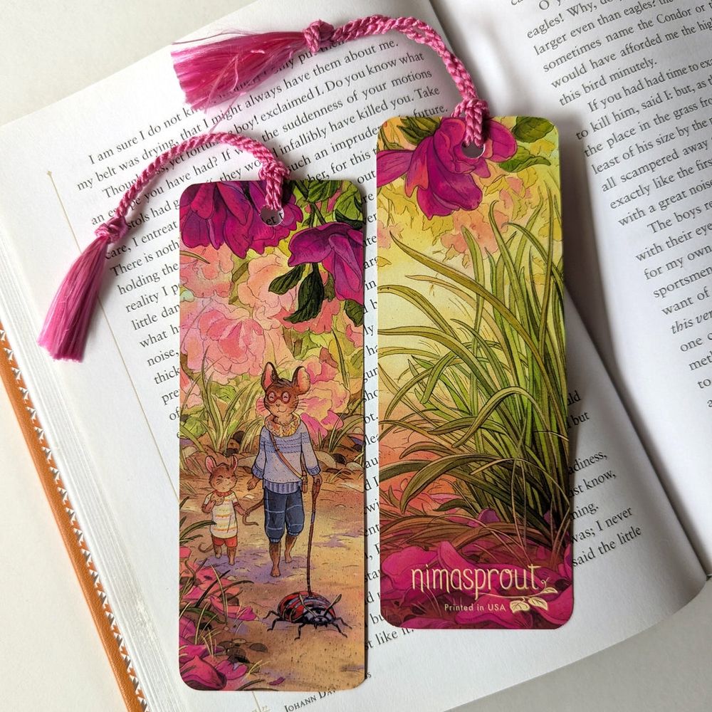 Bookmark featuring mice walking a lady bug.
