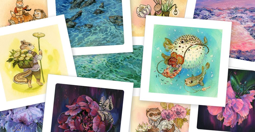 Fine art prints featuring animals, flowers and waves.