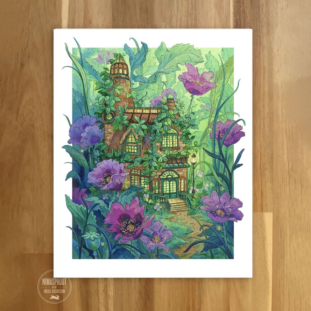 8x10 print of magical schoolhouse surrounded by purple flowers 