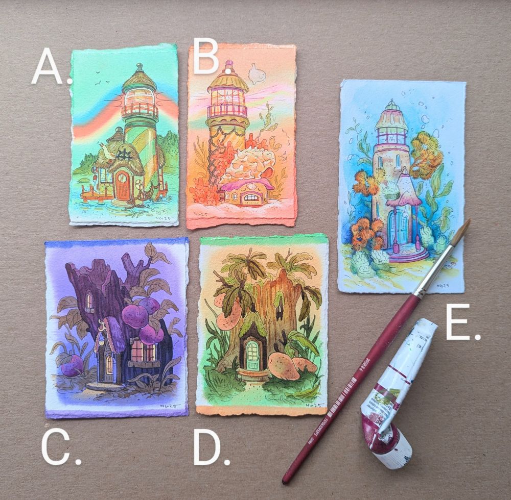 Group of 5 small artworks featuring lighthouses and tree homes.