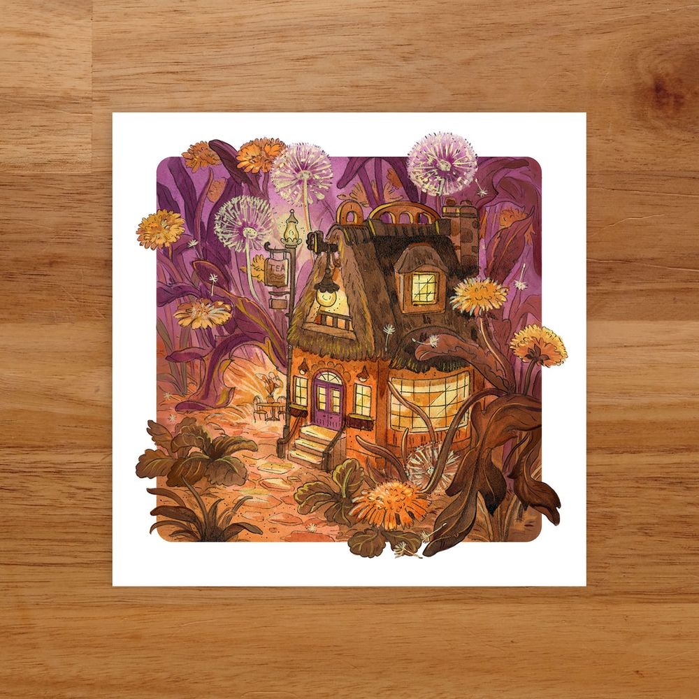 5x5 print of a cozy teahouse surrounded by dandelions flowers 