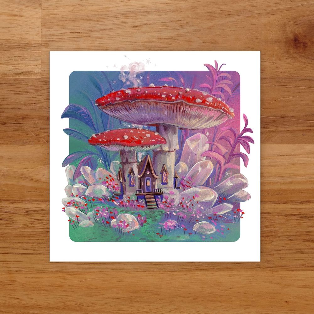This print features amanita red mushrooms surrounded by crystals. A manor house is nestled in between mushroom stems with windows and porch.