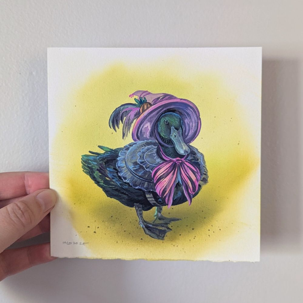 Black cayuga duck wearing a fancy cape and hat. 