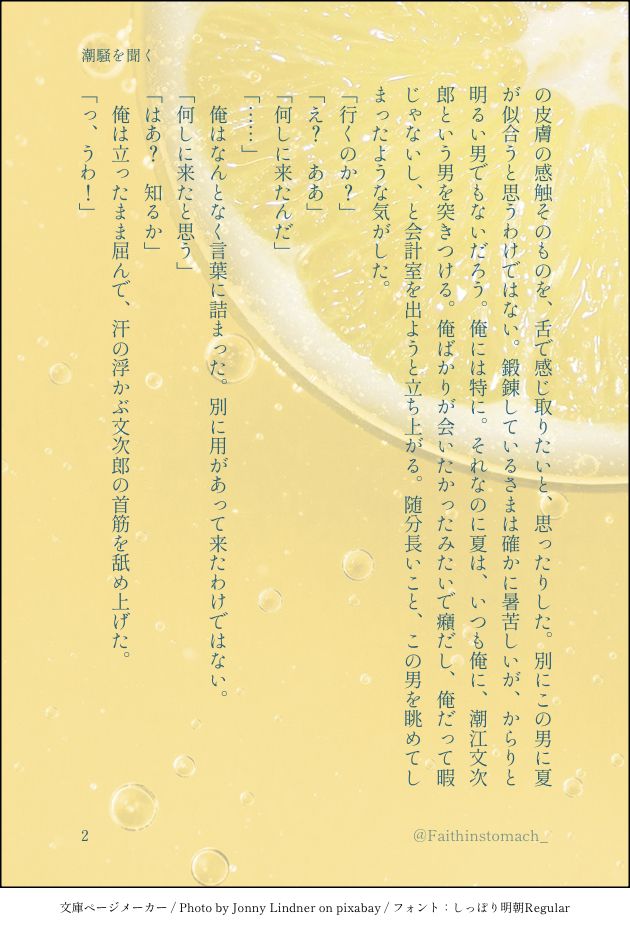 の皮膚の感触そのものを、舌で感じ取りたいと、思ったりした。別にこの男に夏が似合うと思うわけではない。鍛錬しているさまは確かに暑苦しいが、からりと明るい男でもないだろう。俺には特に。それなのに夏は、いつも俺に、潮江文次郎という男を突きつける。俺ばかりが会いたかったみたいで癪だし、俺だって暇じゃないし、と会計室を出ようと立ち上がる。随分長いこと、この男を眺めてしまったような気がした。
「行くのか？」
「え？　ああ」
「何しに来たんだ」
「……」
　俺はなんとなく言葉に詰まった。別に用があって来たわけではない。
「何しに来たと思う」
「はあ？知るか」
　俺は立ったまま屈んで、汗の浮かぶ文次郎の首筋を舐め上げた。
「っ、うわ！」