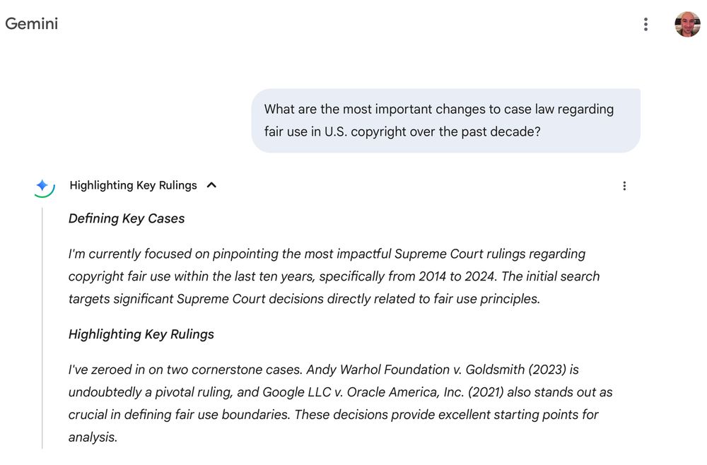 Q: What are the most important changes to case law regarding fair use in U.S. copyright over the past decade?

A:
Defining Key Cases

I'm currently focused on pinpointing the most impactful Supreme Court rulings regarding copyright fair use within the last ten years, specifically from 2014 to 2024. The initial search targets significant Supreme Court decisions directly related to fair use principles.

Highlighting Key Rulings

I've zeroed in on two cornerstone cases. Andy Warhol Foundation v. Goldsmith (2023) is undoubtedly a pivotal ruling, and Google LLC v. Oracle America, Inc. (2021) also stands out as crucial in defining fair use boundaries. These decisions provide excellent starting points for analysis.