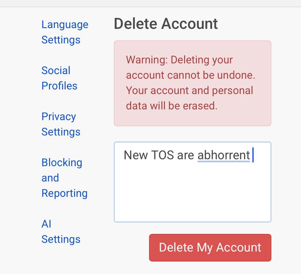 Screen shot of academia.edu account deletion page with the reason "new TOS are abhorrent"