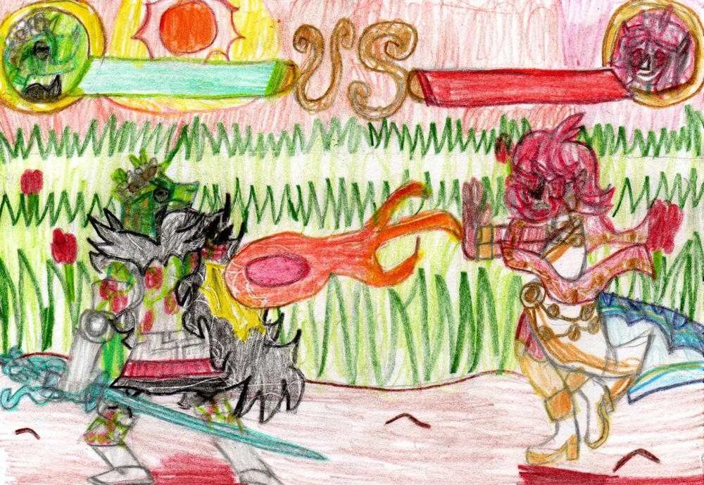 Un combat entre un·e nagaji et un·e ifrit dans une plaine sur un chemin de terre sous un soleil couchant. Il y a des barre de point de vie comme dans un jeu de combat