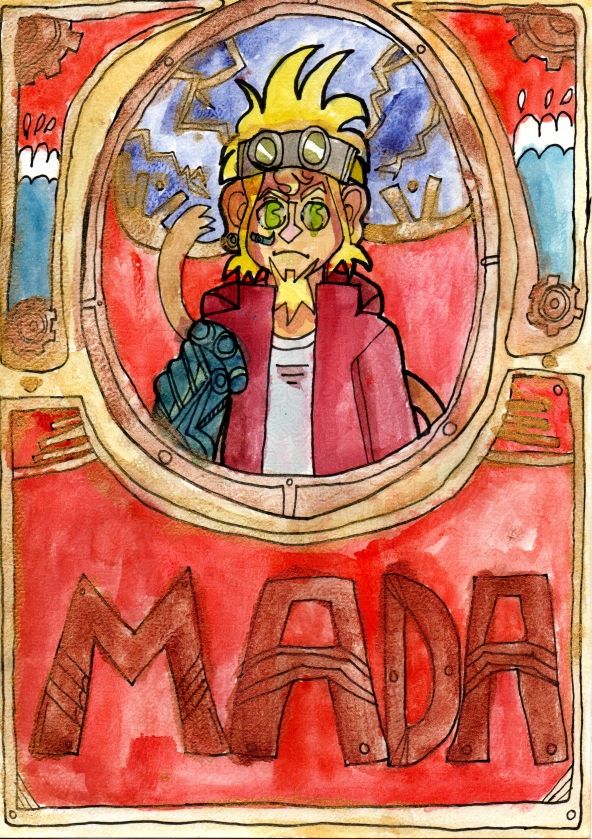 Un homme singe et cyborg l'air déterminé dans un décor art nouveau et mécanique en rouge, jaune et doré avec un peu de bleu. Il est écrit en bas : "Mada".