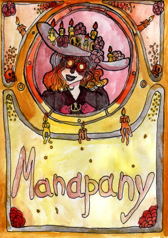 Une muerte dans un décor mucha, avec des bougies et des roses un peu partout. En bas, il est écrit "Manapany"
