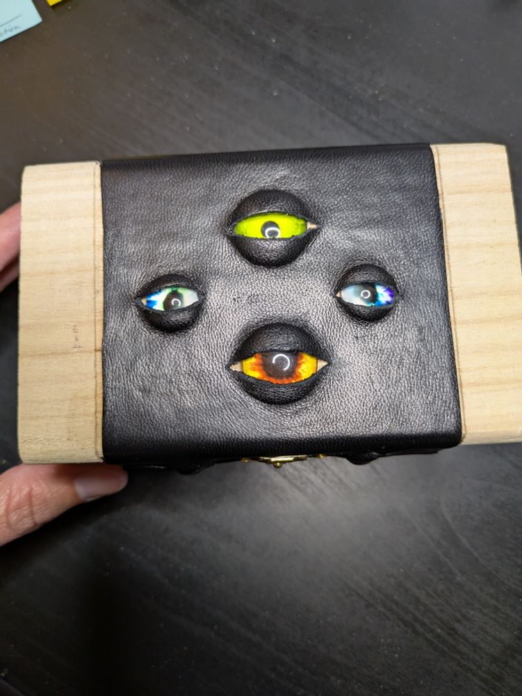 A fourth new box, work in progress, with 4 sleepy eyes on top.