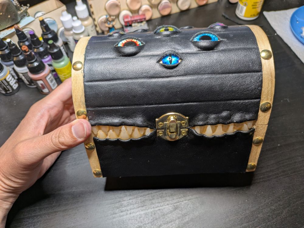 The large trinket box, now with leather over the eyes and teeth. 