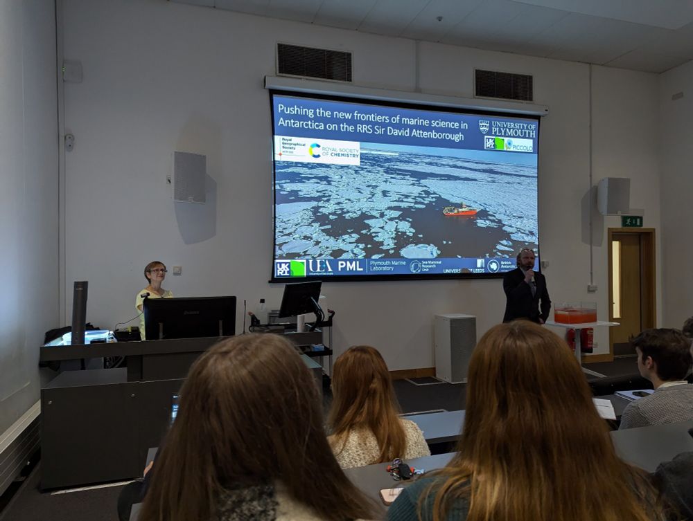 Dr Angie Milne and Dr Simon Ussher presenting their talk titled "Pushing the new frontiers of marine science in Antarctica on the RRS Sir David Attenborough" to an audience at the University of Plymouth.