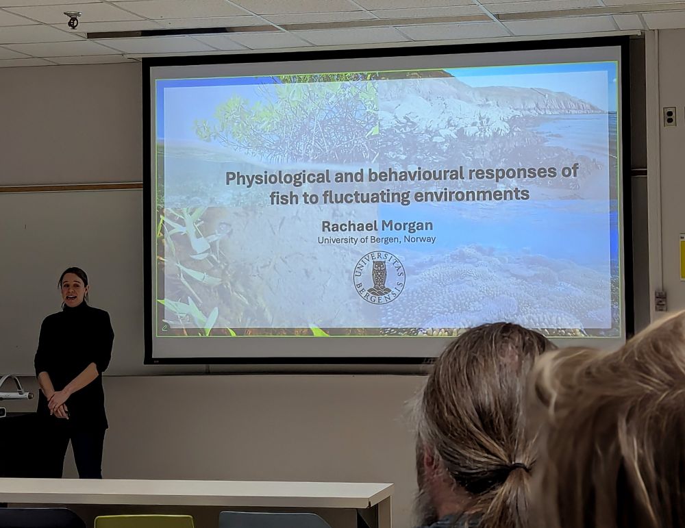 An image of Dr. Rachael Morgan from the University of Bergen starting her talk titled "Physiological and behavioural responses of fish to fluctuating environments".