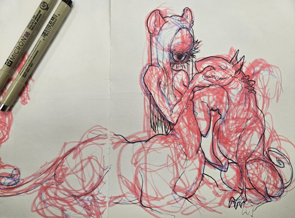 A coral highlighter and black fineliner drawing across two pages of a white sketchbook. In the top left corner there are two Sakura Micron fineliners holding the page down. The leftmost figure in the drawing is a naked lion taur woman whose face is one giant eye. The lion half of her body is stocky and muscular, while the humanoid half is very skinny. She has waist length straight hair and lion ears, and he hands end in claws. The rightmost figure is a two headed dog with clawed hand-like paws, he's based off of a Boston Terrier. He has two heads, and his eyes are empty skin covered sockets.

The two of them are sitting on the ground close together: the woman is cradling one of his heads in a hand and holding the back of his neck with the other, and the dog has his unheld head pressed to her side, one of his paws on her far hip. They're looking at each other adoringly.