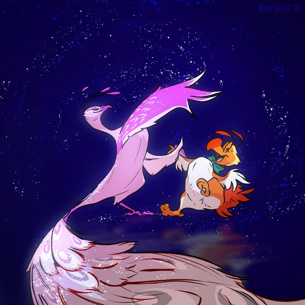 A pink peacock and a dodo in a bowtie dance while water droplets sparkle in the air around them.