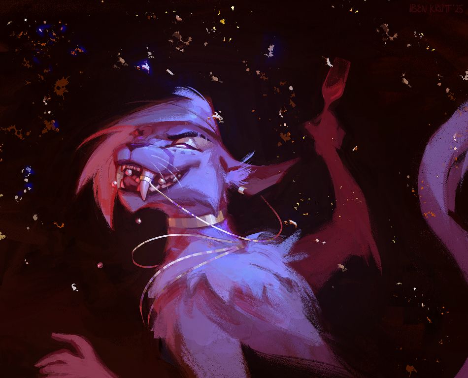 An anthropomorphic sabertoothed cheetah decked out in gold jewelry and a little black dress. He's toasting in champagne while leaf gold dances around him and pearls tumble from his mouth.