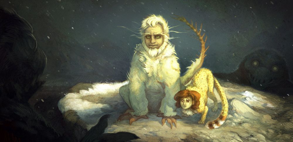 A manticore and a sphinx confront sea trolls. The manticore looks ready and composed, while the sphinx looks anxious.
