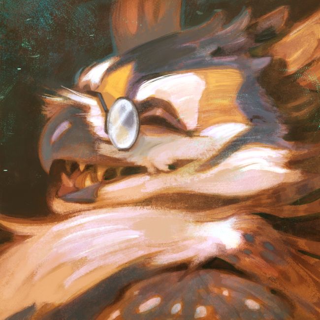 Portrait of an owlbear with glasses. Client @namofako.bsky.social