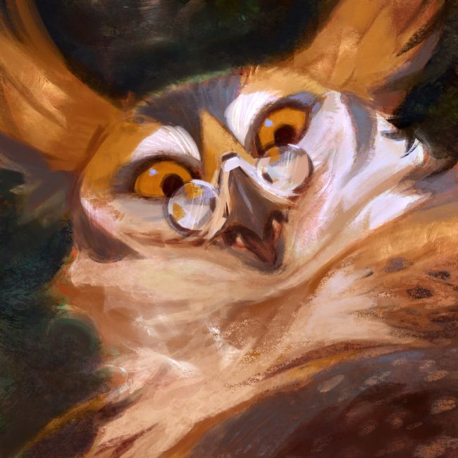 Portrait of an owlbear with glasses. Client @namofako.bsky.social