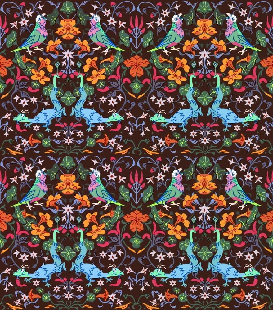 An homage to the famous textile pattern Strawberry Thief by William Morris. 

Instead of thrushes stealing strawberries, there is a furry wormlike creature stealing peppers from a Cuban amazon parrot amongst a field of nasturtiums.