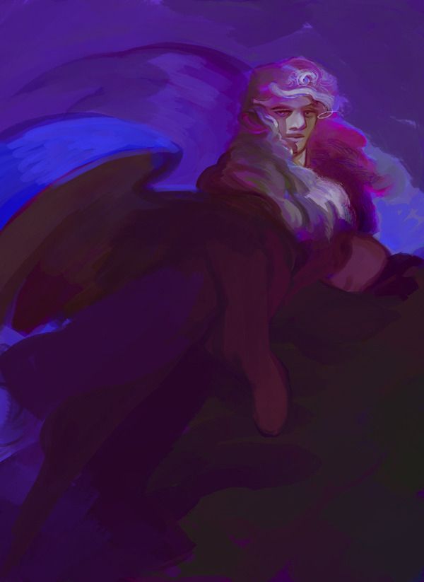 An unfinished painting of a sphinx on a rock.