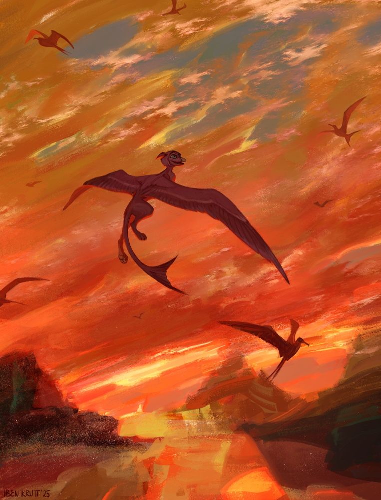 A pink gryphon flies into a blazing red dawn. Around her circle frigate birds and the sky is reflected in the water below.