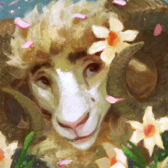 A gentle ram surrounded by narcisses. For @tytonidaeus in 2024