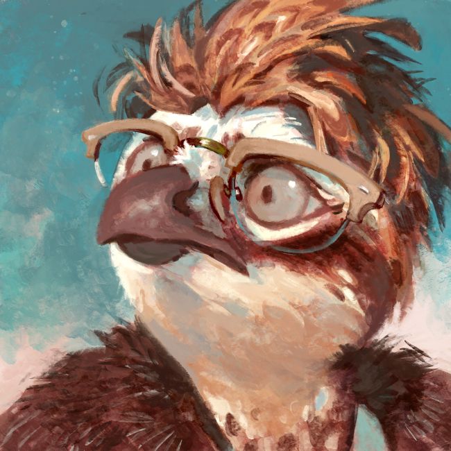Portrait of an anthropomorphic quail with glasses. Client @haubitze.bsky.social