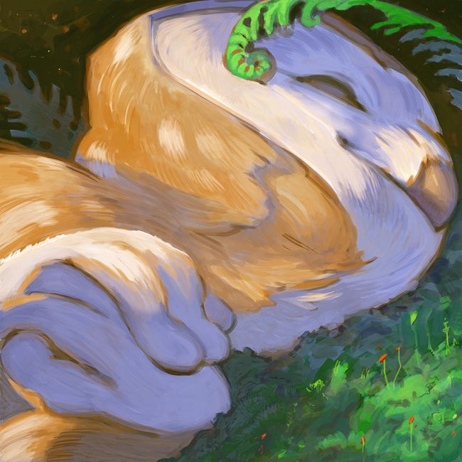 Audrey from the comic Witchcraft. An owl like critter sleeping amongst moss and ferns. For @jaws-stone in 2018
