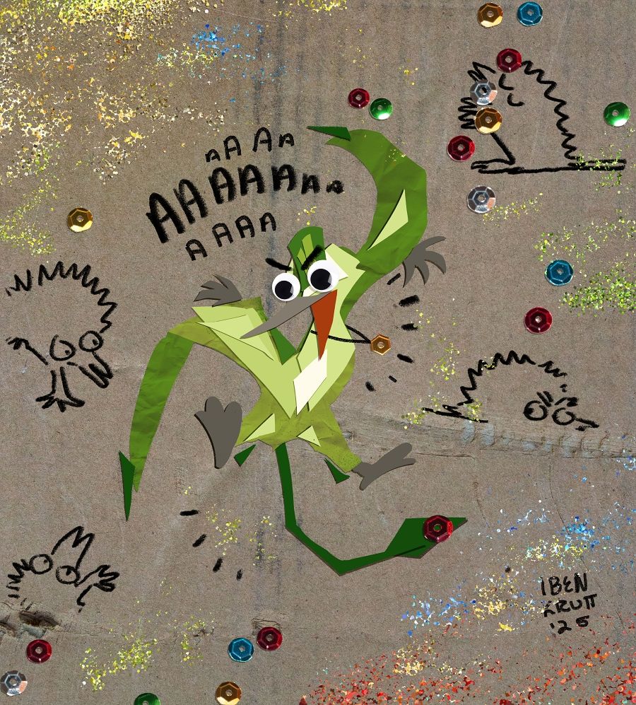 A green paper pterosaur shouting Aaaa AAAAAAA aaaa at several scary monster doodles while bathing in glitter and sequins