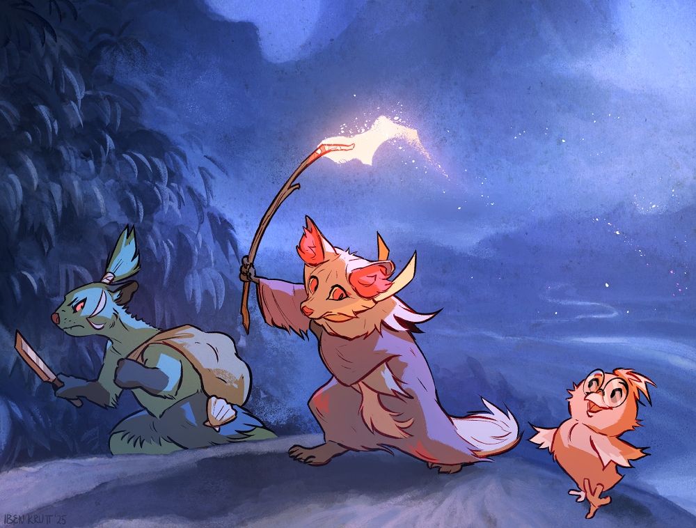 Three pokemon walking beside each other on a moonlit country road; an angry looking Dewott holding a knife, a surprised shiny Delphox, and a chatty Torchic with glasses