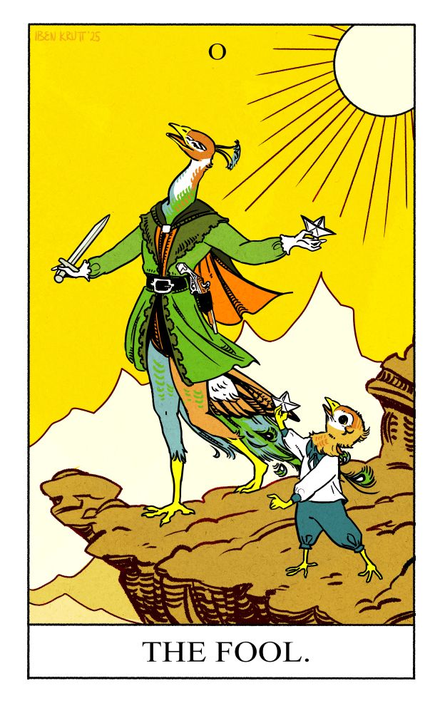 A homage to the Rider–Waite Tarot with two peafowl filling the roles of The Fool and his dog. One of the peafowl is a gynandromorph holding a knife and a paper boat, the other is a chick also holding a paper boat.