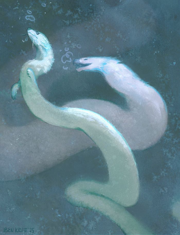 Two pale coloured sea snakes in sunlit, turbid waters. The characters are telshee OCs belonging to Art Fight users Puppyendorphins and Tunny. Telshees are from the xenofiction novel Hunters Unlucky.