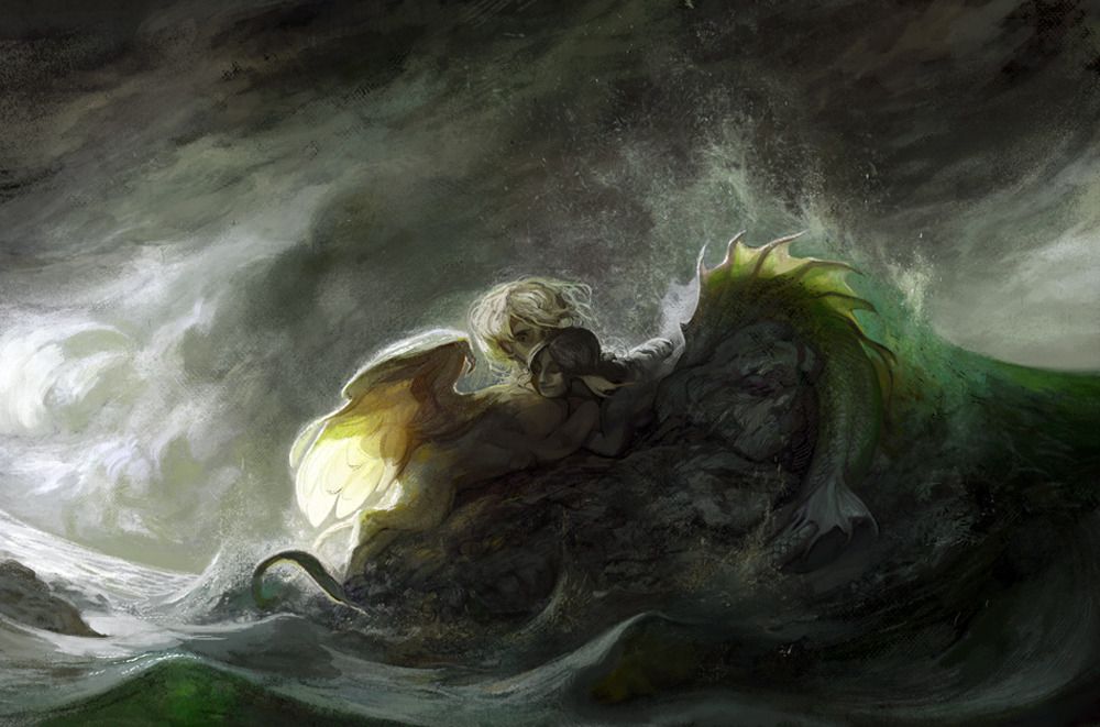 A sphinx and a mermaid clutch each other on a rock in a stormy ocean.