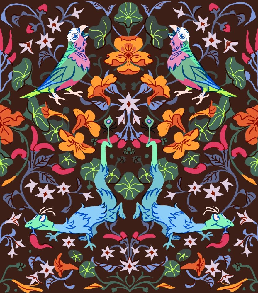 An homage to the famous textile pattern Strawberry Thief by William Morris. 

Instead of thrushes stealing strawberries, there is a furry wormlike creature stealing peppers from a Cuban amazon parrot amongst a field of nasturtiums.