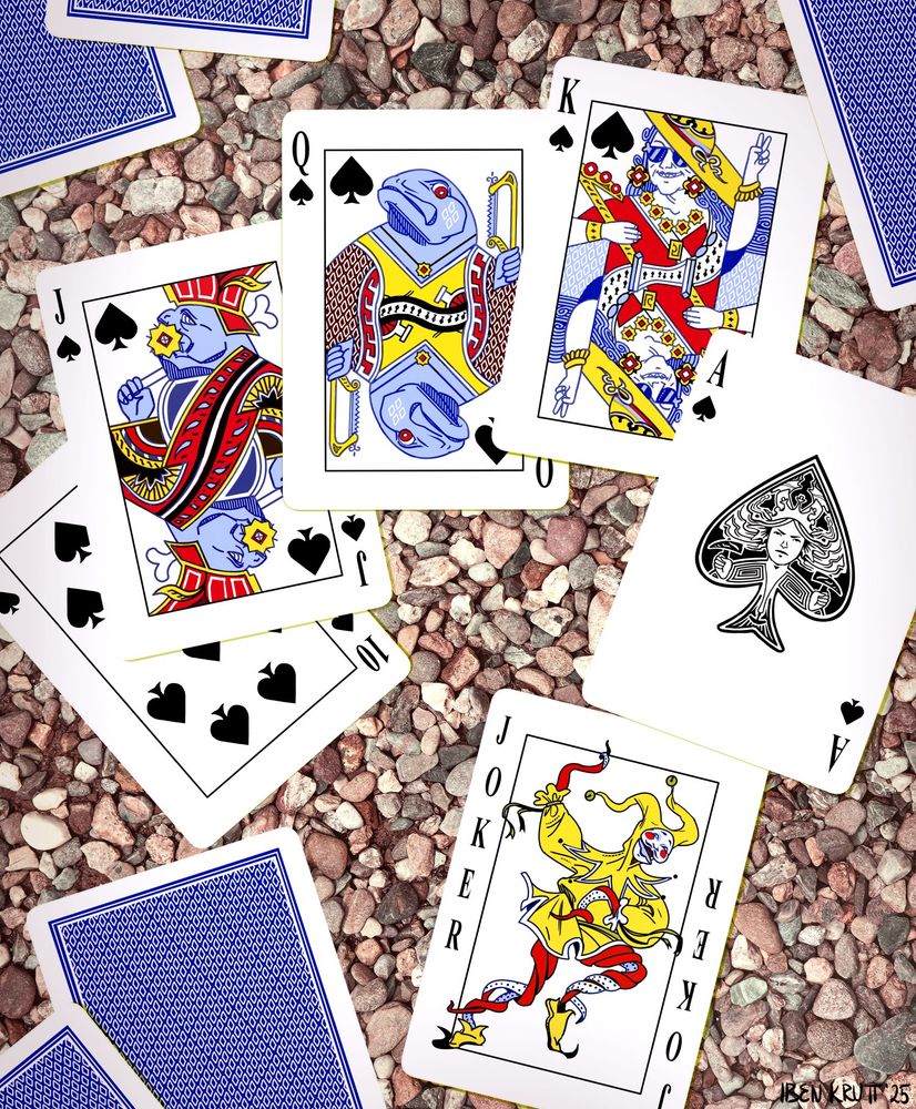 Several characters drawn in the style of playing cards showing a royal flush in spades and a stray joker. 