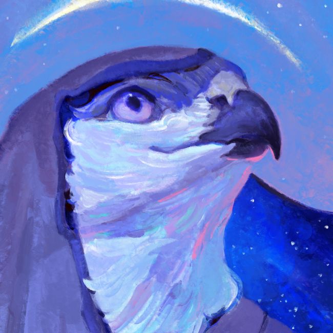 Portrait of an anthropomorphic falcon with a headscarf. Client @siriadlerius.bsky.social