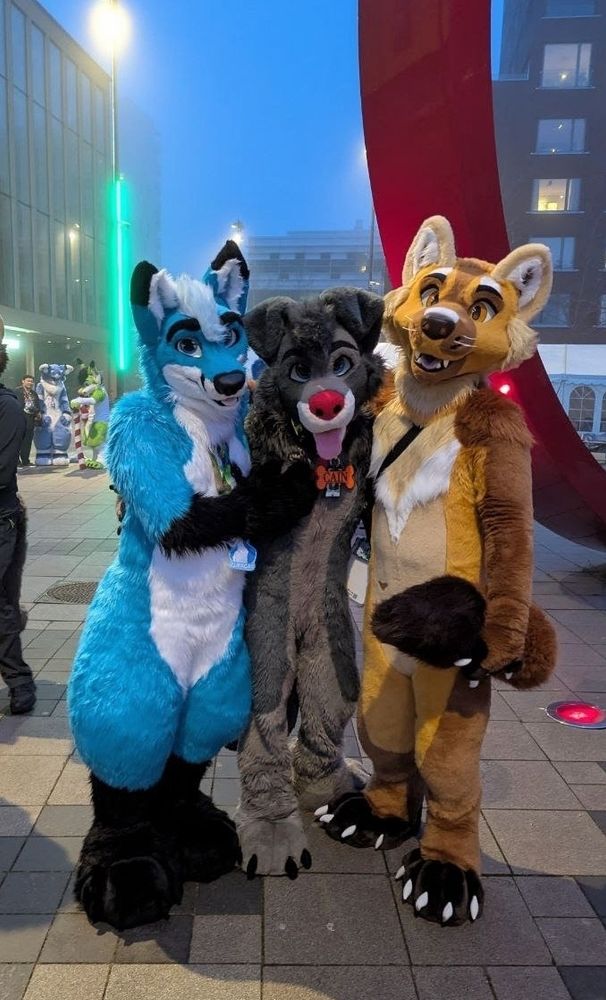 Three fursuiters stand on a stone sidewalk in foggy Sweden. On the left is the Blue Fox Curacao, the center is the gray collie Trale, and the right is the yellow and brown marten Malort.