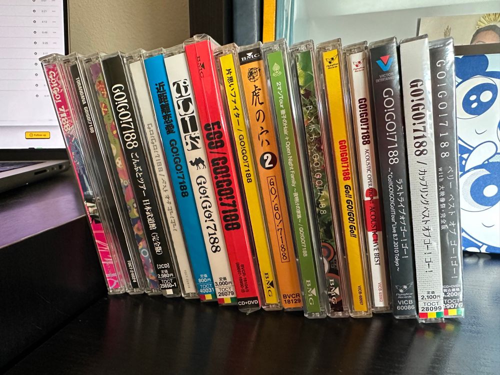 Bunch of Go!Go!7188 cds with spines displayed. 