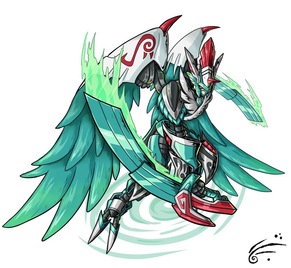 Zephagamon, a green armored humanoid Digimon holding two big swords, with two large green wings on its back