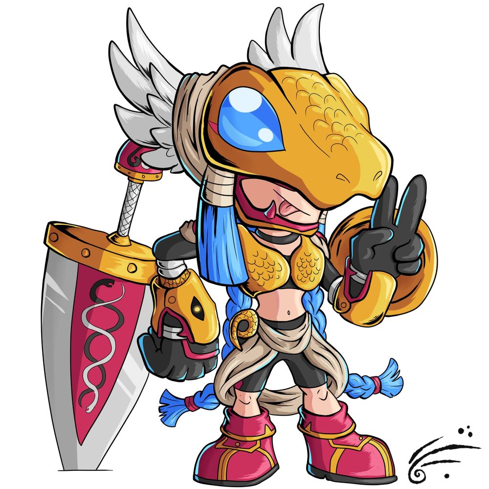 Art of Minervamon, a humanoid female-looking Digimon with a snake mask, golden armor, blue hair, a big sword and shield and pink boots