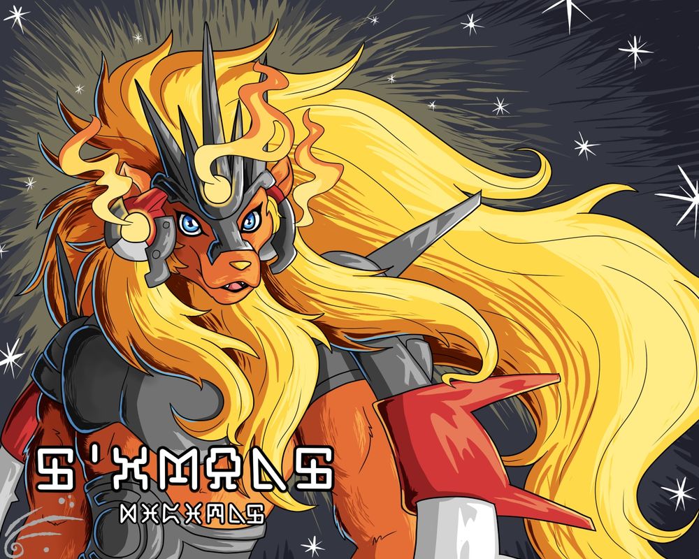 Flaremon, a lion-looking Digimon with its mane flying on the wind