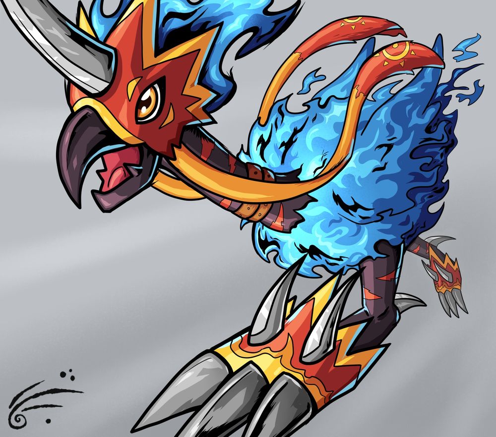 Cassowamon, a fan Digimon based on a cassowary. Its body is made of blue flames