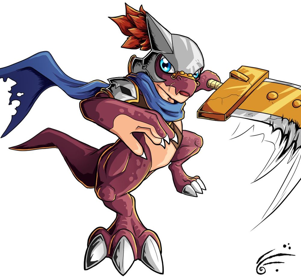 Rytsarmon, a fan Digimon. A dark red bipedal dinosaur hearing a helmet, blue scarf and swinging a golden broken greatsword