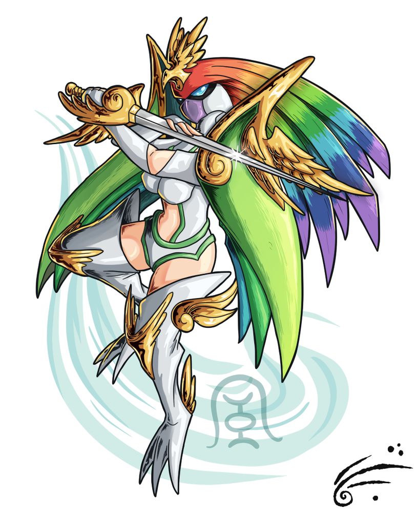 AncientIrimon, a humanoid Digimon wearing bird-like mask and and bird foot-like boots. It holds a rapier, and it has raindow colored hair
